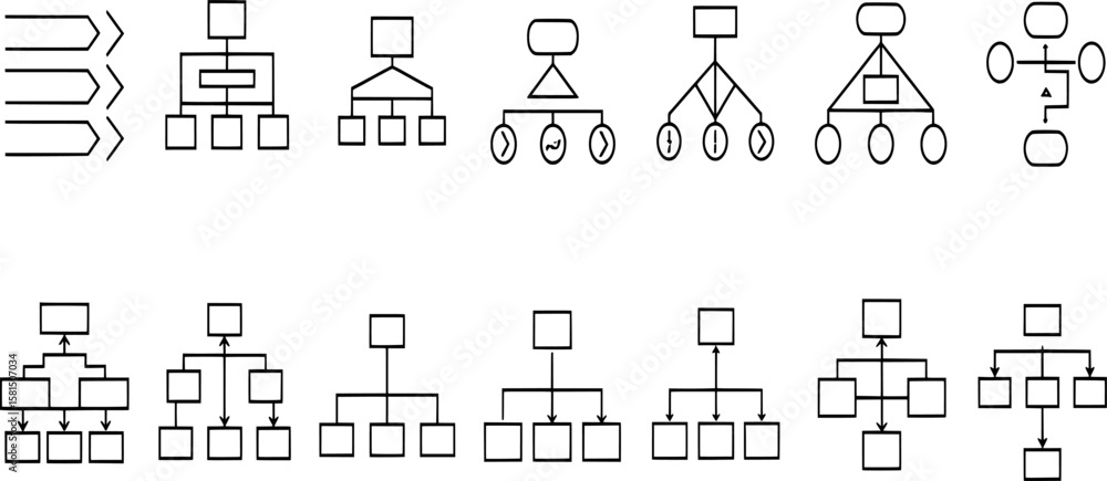 Poster a collection of various simple, black and white icons representing abstract shapes and business conc