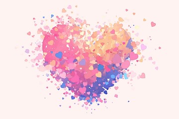カラフルな小さいハートの粒が密集してできた巨大なハートと白い背景
