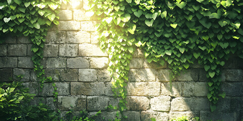 Green Ivy Vines Growing on Stone Brick Wall in Sunlight
