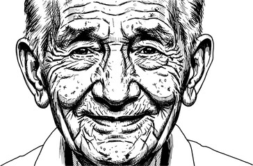 A detailed, realistic, black and white line art portrait of an elderly man smiling.