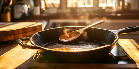 Steaming Pan on Kitchen Stove in Warm Morning Light
