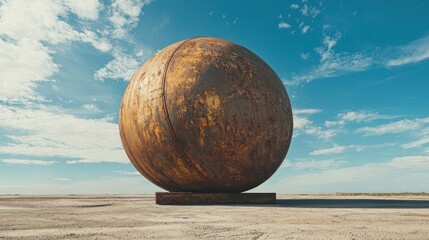 A large, rusted metal sphere in a desert landscape with a blue sky and scattered clouds.