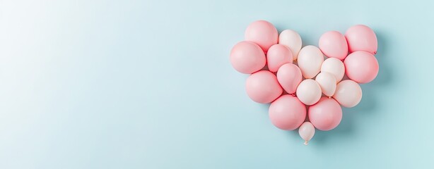 Heart-shaped arrangement of pastel pink and white balloons against a light blue background