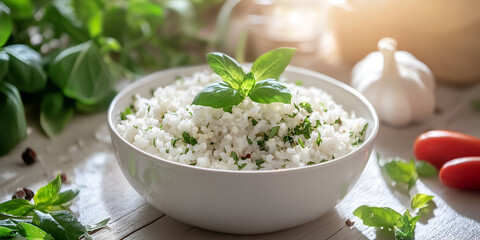 Fresh Cauliflower Rice in White Bowl on Wooden Table
