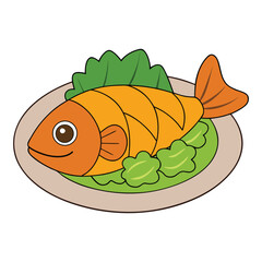 A perfectly roasted fish served on a plate, garnished with lemon slices, herbs, and vegetables—steaming hot with crispy skin and tender, flaky meat inside.
