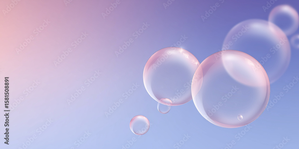 Poster soft pastel background featuring translucent soap bubbles floating gracefully, creating a dreamy atm