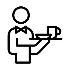 Waiter at restaurant holding tray with plate and cup icon with transparent background symbolizing food service hospitality and dining

