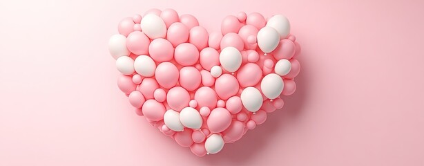 Pink and white balloons arranged in a heart shape on a pale pink background