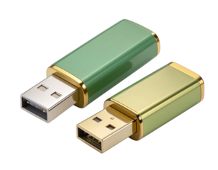 Angled Side View of Sage Green and Gold USB Flash Drive with Open Cap, Isolated PNG