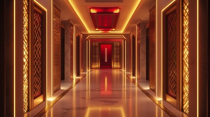Elegant corridor design with ornate door frames and warm lighting ambiance