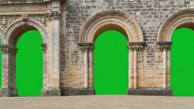 Three arches with green screen background and stone pillars and ornate carvings in an old building