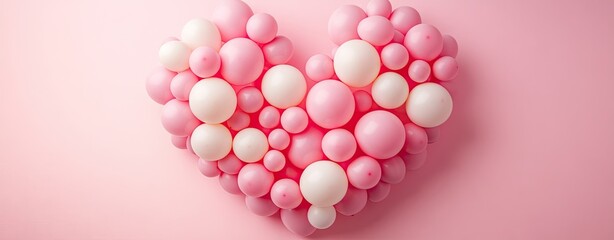 Pink and white balloons arranged in a heart shape on a pink background