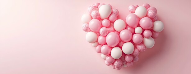 Heart-shaped arrangement of pink and white balloons on a pastel pink background