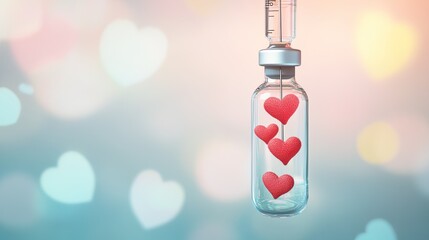 A glass vial, resembling a medical syringe, suspends in mid-air, filled with small red hearts.  Soft bokeh background of pastel colors, particularly pinks and blues