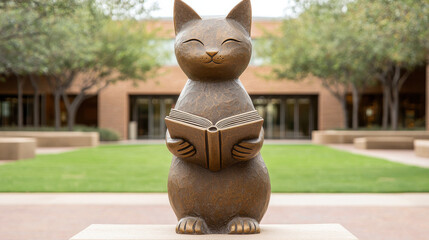 Charming bronze cat sculpture holding open book stands in serene outdoor setting, surrounded greenery and modern architecture