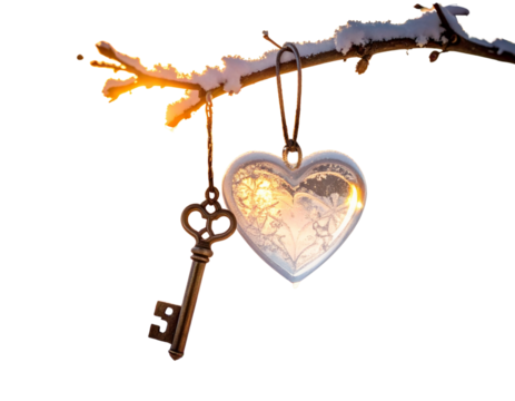 Close-Up Detail of Frosted Heart and Old Key Entwined on Snow-Laden Twig at Sunrise, Transparent Background