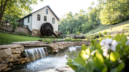 Picturesque watermill surrounded lush greenery and serene stream, creating tranquil atmosphere perfect for relaxation