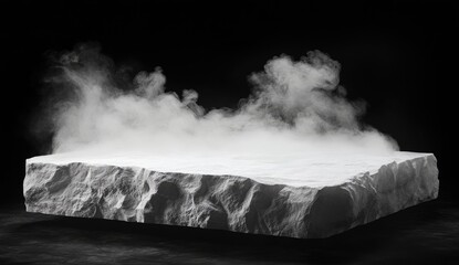 White stone slab platform, smoky, black background