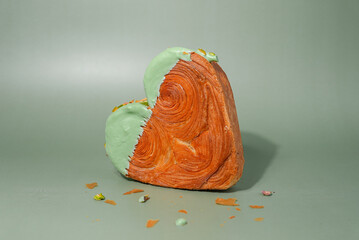 Delightful and vibrant heartshaped pastry croissant treat, beautifully topped with colorful frosting and nut galore. Mock up template copy space. Food experimentation viral dessert creative baking