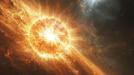 Vibrant star emitting intense energy waves illuminates cosmic scene