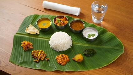 Authentic south indian thali meal served on a banana leaf