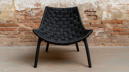 Stylish black chair with woven design, perfect for modern interiors, showcasing craftsmanship against rustic brick wall