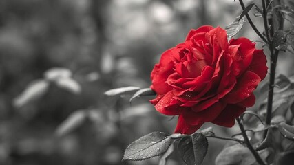 Beautiful red rose with water drops, contrasting with a blurred monochromatic background. - Powered by Adobe
