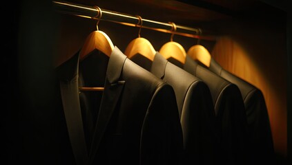 Dark suits hang on a closet rod, illuminated by warm light