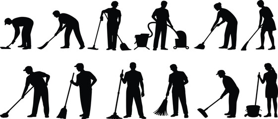 Cleaning workers silhouette set, janitor people icons, housekeeping staff clipart, professional cleaner action poses, hygiene tools vector illustration