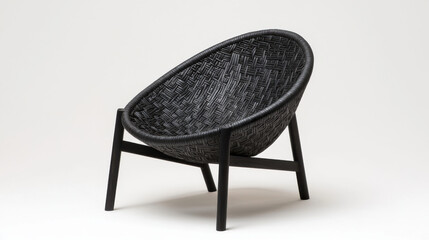 Stylish black chair with unique woven design and sturdy wooden legs, perfect for modern interiors and outdoor spaces