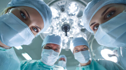 A team of surgeons performing a procedure.	A diverse surgical team works with intense, synchronized focus in a modern, brightly lit operating room, symbolizing precision and teamwork.
