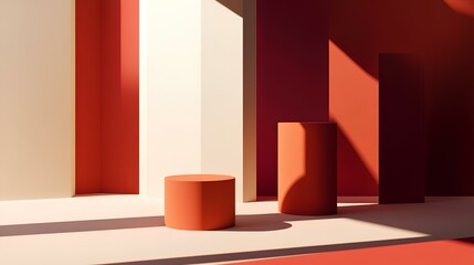 Geometric Harmony: A striking minimalist composition showcasing interplay of light and shadow within a modern architectural interior with geometric forms.