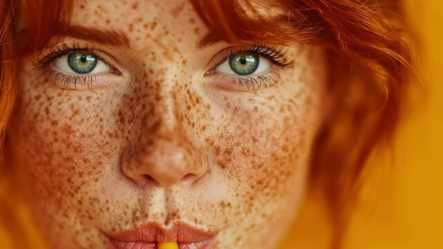 Close-up portrait of a natural redhead woman with freckles drinking a beverage.