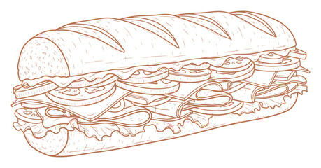 Hearty Sub Sandwich Line Art Illustration