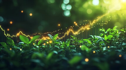 Green Investment Growth: A vibrant display of burgeoning financial potential, where verdant plants thrive under the glow of rising economic charts, symbolizing growth and prosperity. 