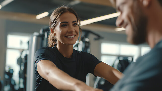 A patient doing rehabilitation exercises with a physical therapist.	A physical therapist encourages a patient who is using resistance bands to build strength in a bright, positive rehabilitation facil
