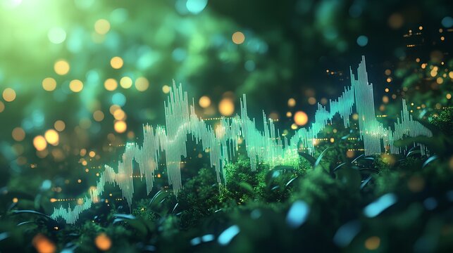 Abstract Financial Chart: A captivating abstract visualization of financial data, overlaid onto a lush, vibrant green landscape. A perfect blend of finance and nature.