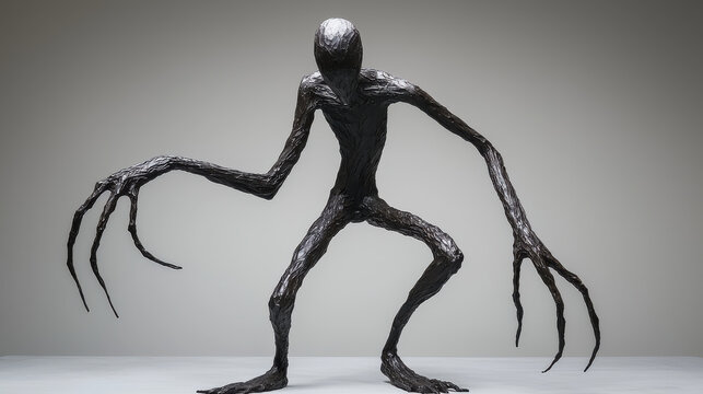 Dark, twisted sculpture of humanoid figure with elongated limbs and sharp claws, exuding eerie presence. texture resembles twisted metal or wood