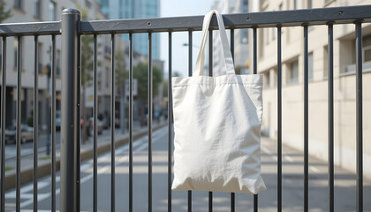 White Tote Bag Hanging on Urban Railing – Eco-Friendly Canvas Bag Mockup