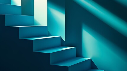 Teal Staircase: Sunlight streams through a window, illuminating a modern teal staircase in an interior design setting. The vibrant color and architectural lines create a striking visual contrast.