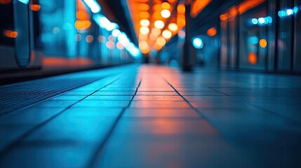 Urban train station at night, vibrant colors, tiled floor
