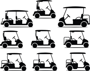 Set of black golf cart silhouette icons, electric transport vehicle collection, side view vector illustrations, isolated simple flat design.