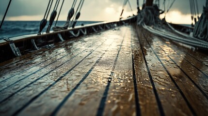 Close-up view of a wet wooden deck on a sailing ship.  A dramatic sky is visible in the background