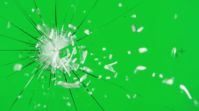 A bullet hole in glass with a bullet on a green screen background in a studio shot close up view