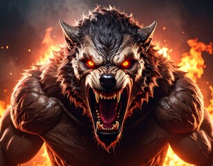 Fierce Werewolf Head Fiery Flames