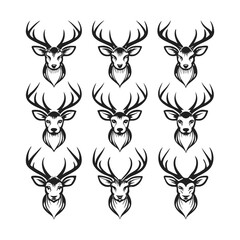 Naklejka premium Deer Face Silhouette Bundle — 9 Antlered Styles in 1 Vector Artboard