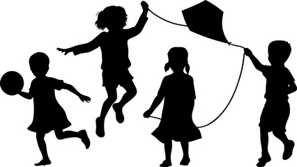 Obraz premium Silhouette of children playing with a ball and a kite in an outdoor setting having fun together today