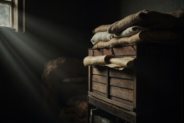 Naklejka premium Timeless Echoes: Vintage Crates and Papers in Chiaroscuro Light