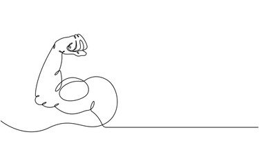 Arm shows bicep fist. Continuous one line vector, Man's hand shows a fist on the biceps in line style, Muscle Doodle Icon. Hand Drawn Symbol Vector.