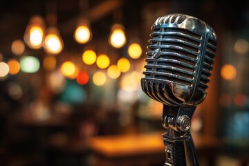 Vintage microphone in a dimly lit cafe